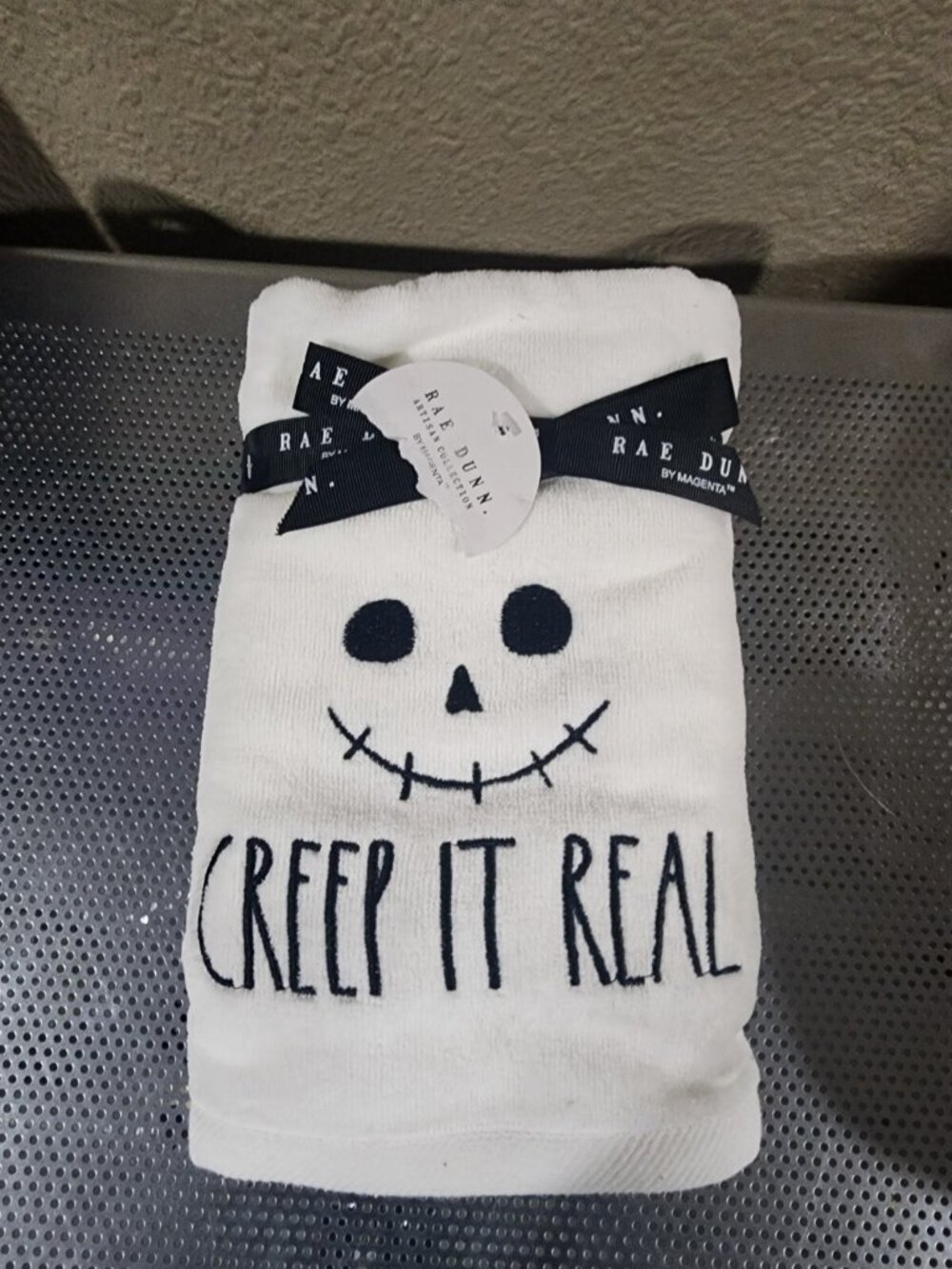 Rae Dunn Halloween Hand Towels Set of 2 Creep It Real Embroidered Skull NEW
